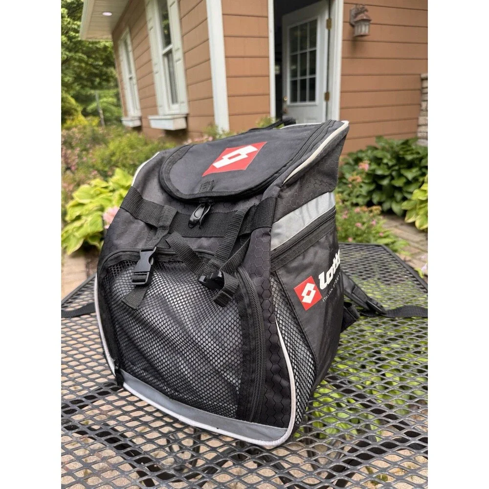 Vintage 90s Lotto Spell Out Box Logo Soccer Football Backpack Book Bag Black